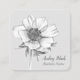 White Anemone Flower Black Grey Botanical Square Business Card
