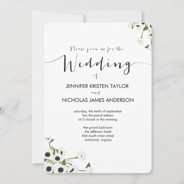 White Anemone Flower Vintage Wedding Invitation (Front)