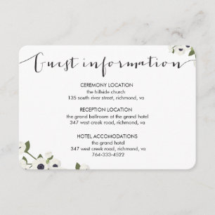 White Anemone Flower Wedding Information Card