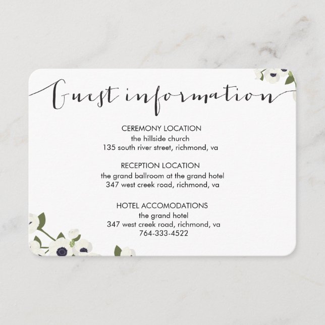 White Anemone Flower Wedding Information Card (Front)