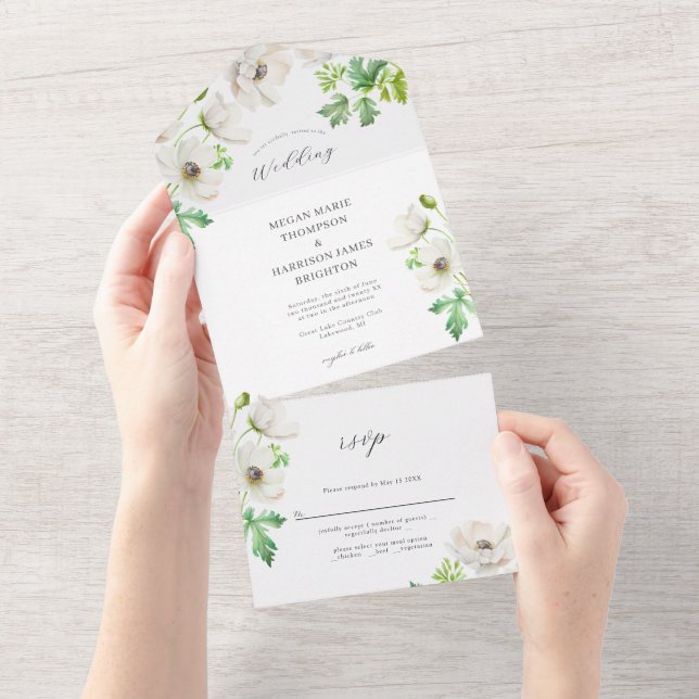White Anemone Flower Wedding Invitation (Tearaway)