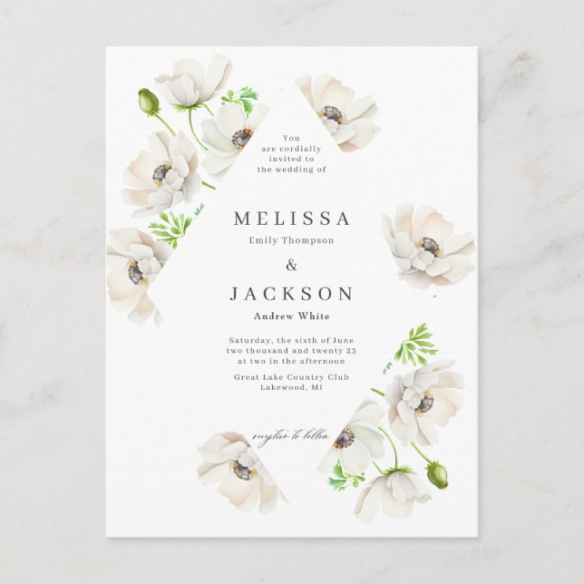 White Anemone Flower Wedding Invitation Postcard (Front)