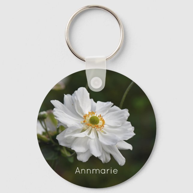 White Anemone Garden Flowers Personalised Key Ring (Front)