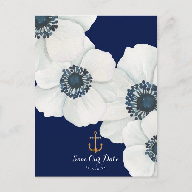 White Anemone Nautical Navy + Anchor Save the Date Announcement Postcard (Front)