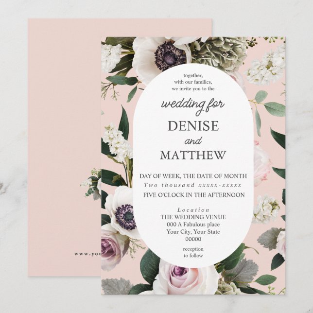 White Anemone on Blush Rose Wedding Invitation (Front/Back)