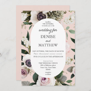 White Anemone on Blush Rose Wedding Invitation