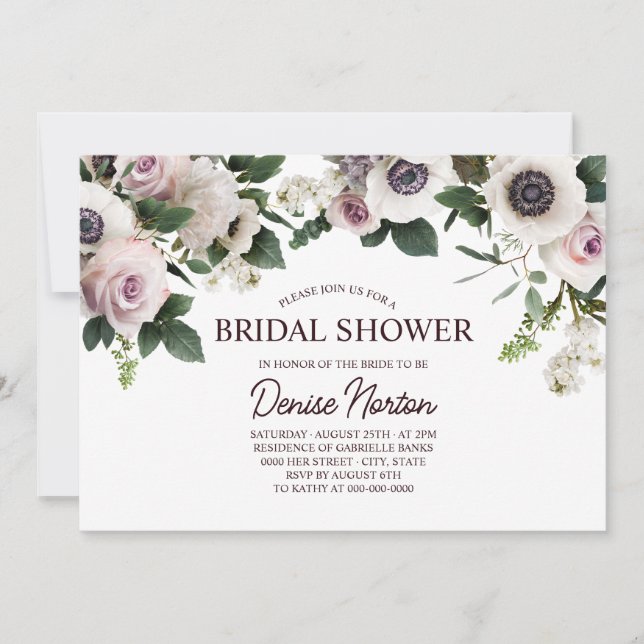 White Anemone on Bright White Bridal Shower Invitation (Front)