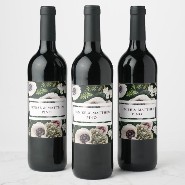 White Anemone on Emerald Wine Label (Bottles)