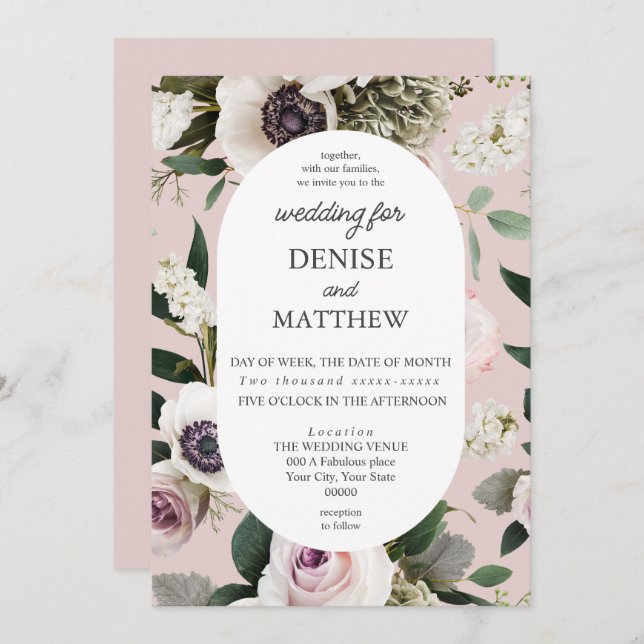 White Anemone on Mauve Chalk Wedding Invitation (Front/Back)