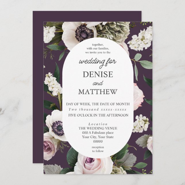 White Anemone on Midnight Plum Wedding Invitation (Front/Back)