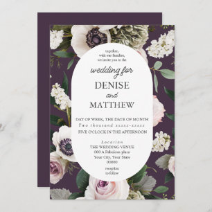 White Anemone on Midnight Plum Wedding Invitation
