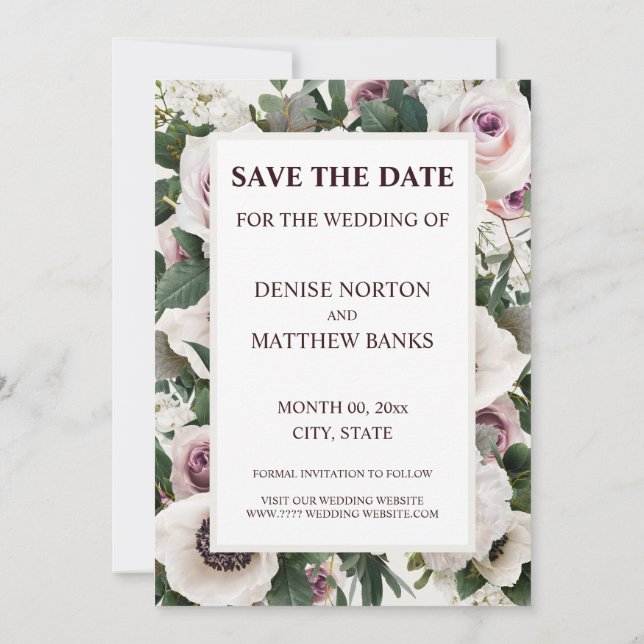 White Anemone on Snow White Save The Date Invitation (Back)