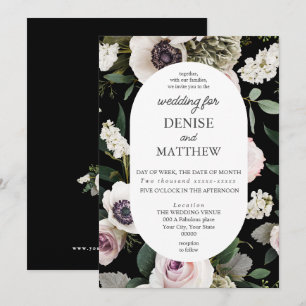 White Anemone on True Black Wedding Invitation