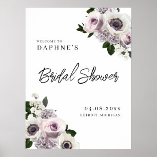 White Anemone & Purple Floral Black Shower Welcome Poster
