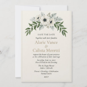White Anemone & Silver Foliage Elegant Save Invitation