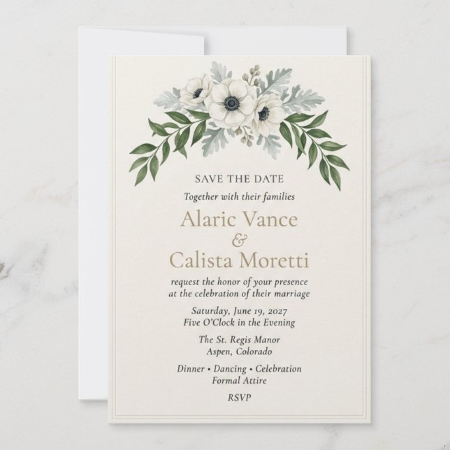 White Anemone & Silver Foliage Elegant Save  Invitation (Front)