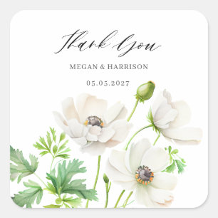 White Anemone Thank You Square Sticker