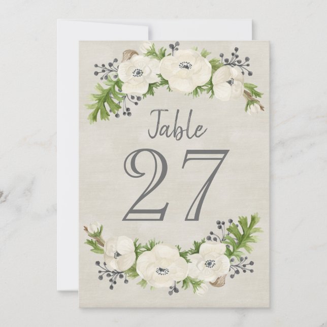 White Anemone Watercolor Floral  Table Number Card (Front)