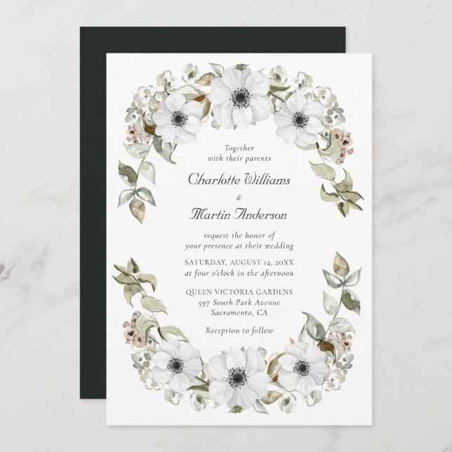 White Anemone Wreath Watercolor Boho Wedding Invitation (Front/Back)