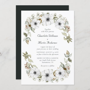 White Anemone Wreath Watercolor Boho Wedding Invitation