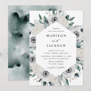 White Anemones and Roses Floral Wedding Invitation