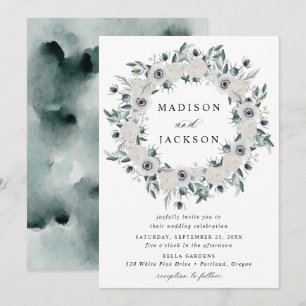 White Anemones and Roses Floral Wreath Wedding Invitation