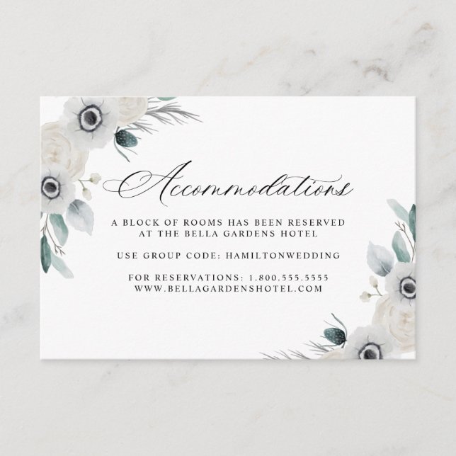 White Anemones and Roses Hotel Accommodations Enclosure Card (Front)