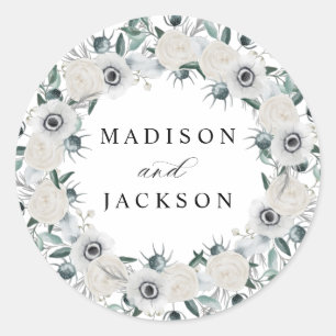 White Anemones and Roses Personalised Wedding Classic Round Sticker