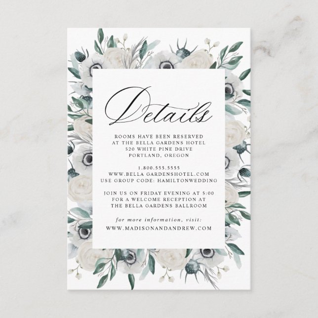White Anemones and Roses Wedding Details Enclosure Card (Front)