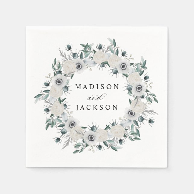 White Anemones and Roses Wedding Napkin (Front)
