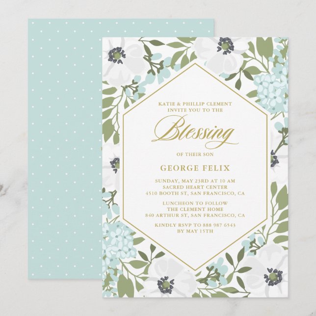 White Anemones Blue Floral Baby Blessing Invitation (Front/Back)
