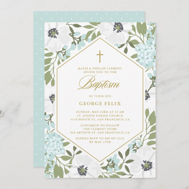 White Anemones Blue Floral Baby Boy Baptism Invitation (Front/Back)