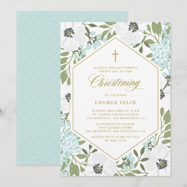 White Anemones Blue Floral Boy Christening Invitation (Front/Back)