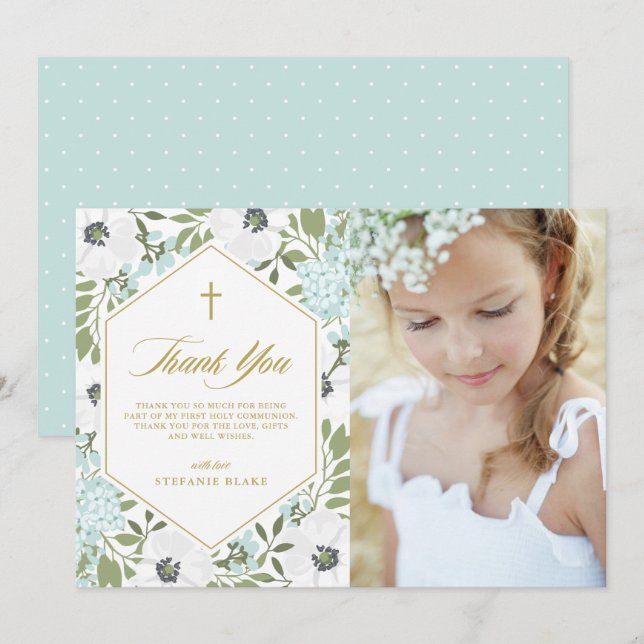 White Anemones Blue Floral First Communion Photo Thank You Card (Front/Back)