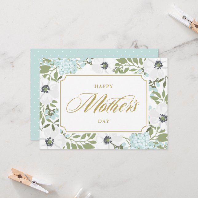 White Anemones Blue Floral Happy Mother's Day Card (Front/Back In Situ)