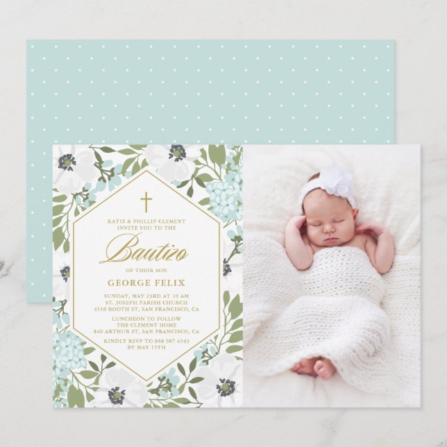 White Anemones Blue Floral Photo Baby Boy Bautizo Invitation (Front/Back)