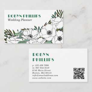 White Anemones Greenery Retro Font QR Code Business Card