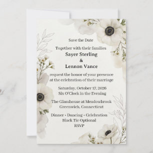 White Anemones, Watercolor Foliage, Botanical Line Invitation
