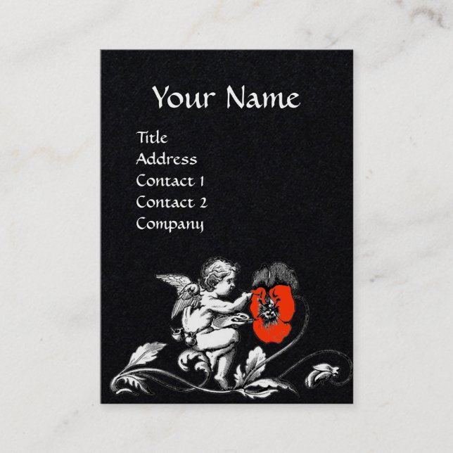 WHITE ANGEL PAINTING A RED FLOWER Black Paper Business Card (Front)