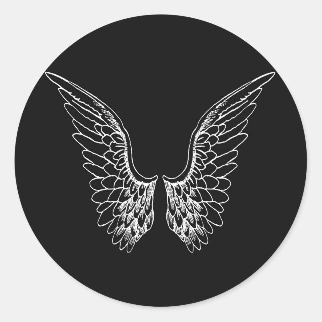 White Angel Wings on Black Background Classic Round Sticker (Front)
