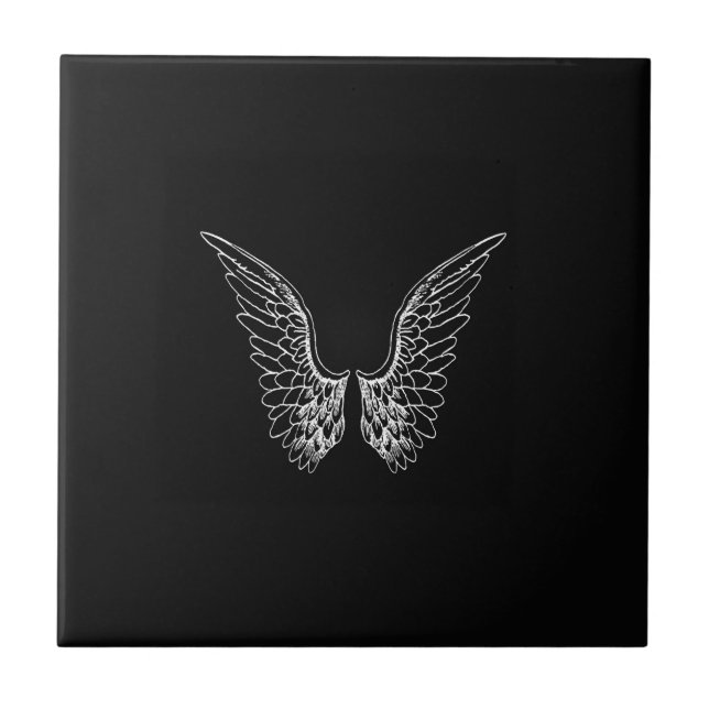 White Angel Wings on Black Background Tile (Front)