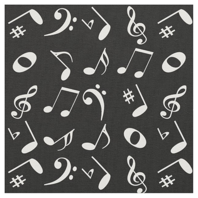 White Angled Music Notes Pattern on Black Fabric (Close Up)