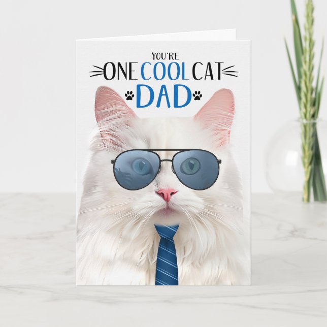 White Angora Cat Father's Day One Cool Cat Holiday Card (Front)
