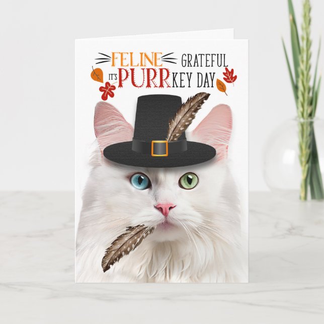 White Angora Cat Feline Grateful for PURRkey Day Holiday Card (Front)