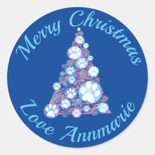 White Animal Paw Pink & Blue Christmas Tree Blue Classic Round Sticker