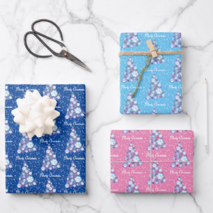White Animal Paw Pink n Blue Christmas Tree Multi Wrapping Paper Sheet