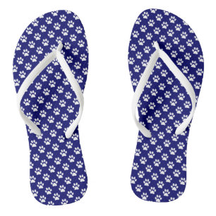 White Animal Paw Prints on Dark Navy Blue Flip Flops