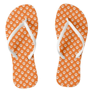 White Animal Paw Prints on Orange Flip Flops