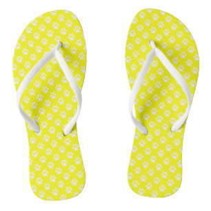 White Animal Paw Prints on Yellow Flip Flops