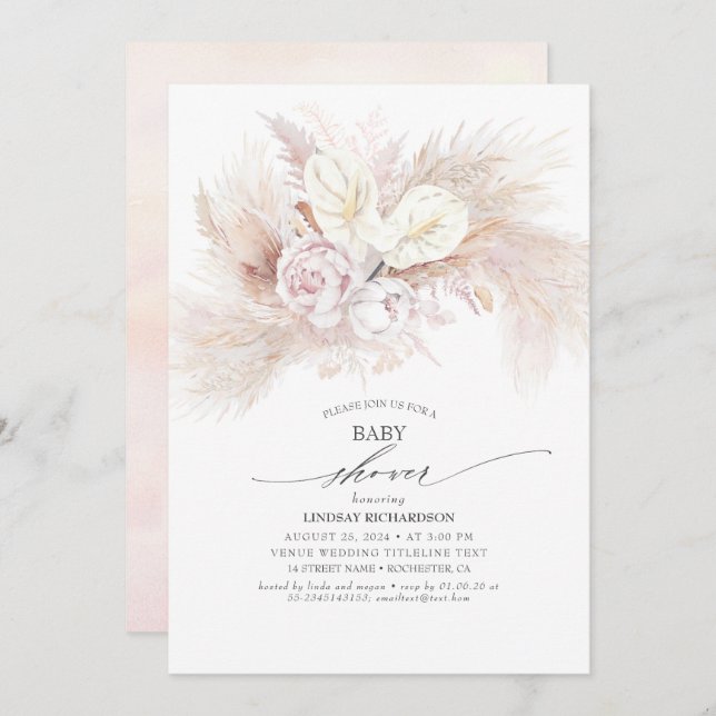 White Anthurium and Pampas Grass Baby Shower Invitation (Front/Back)